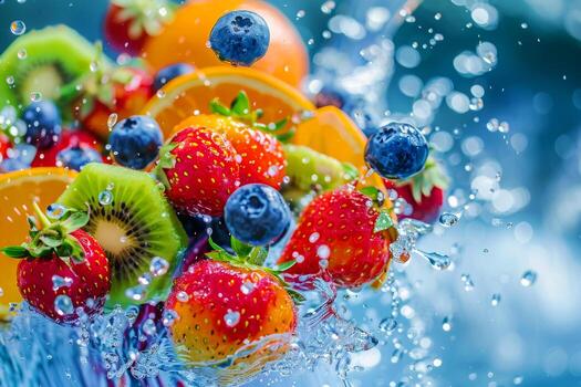 Variety Of Fresh Fruits And Berries Splashing Into Water Photo